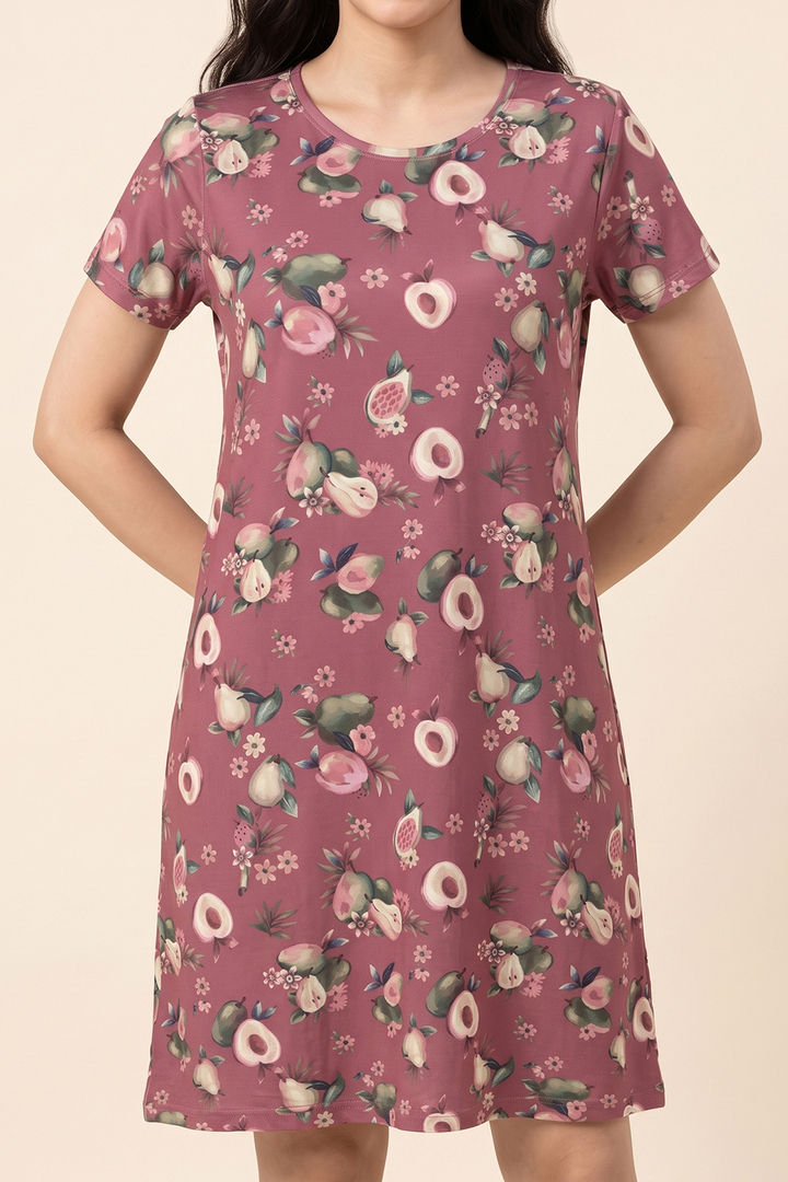 Zivame Buttersoft Fruity Knit Poly Knee Length Nightdress With In Built Slip On Bra - Mesa Rose — image 5